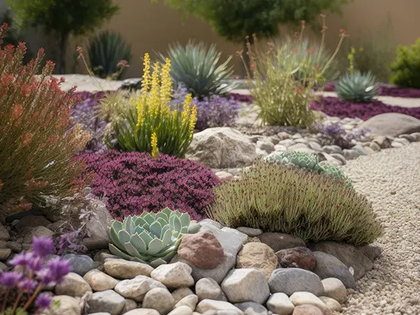 Xeriscaping plants, rocks, pebbles, and gravel