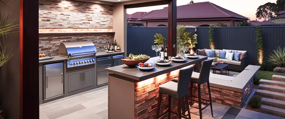 Outdoor Kitchen At Sunset With Wine and Food On Table