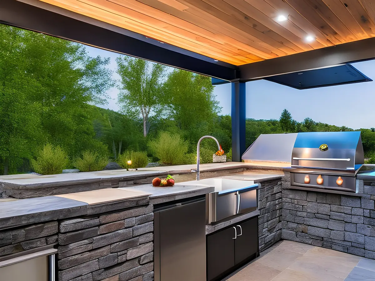 An outdoor kitchen with a stone veneer island and black countertop