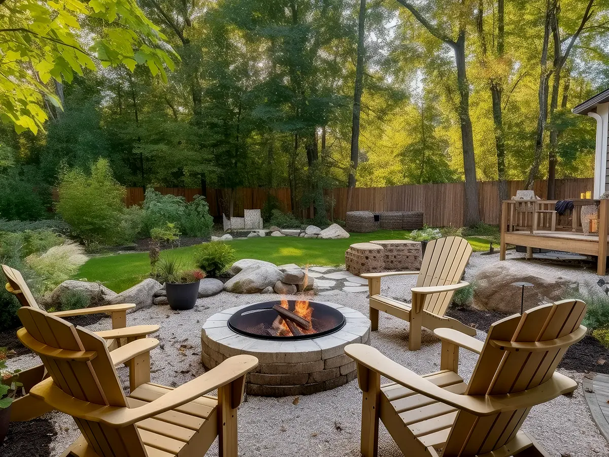 A beautiful outdoor living space with 4 wooden chairs, a round firepit, and a landscape with boulders, plants, and gravel
