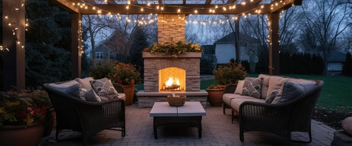 outdoor fireplace on a patio with string lights