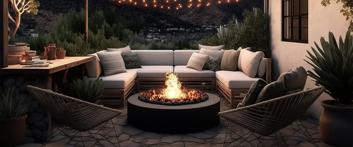 Outdoor living space with furniture and firepit.