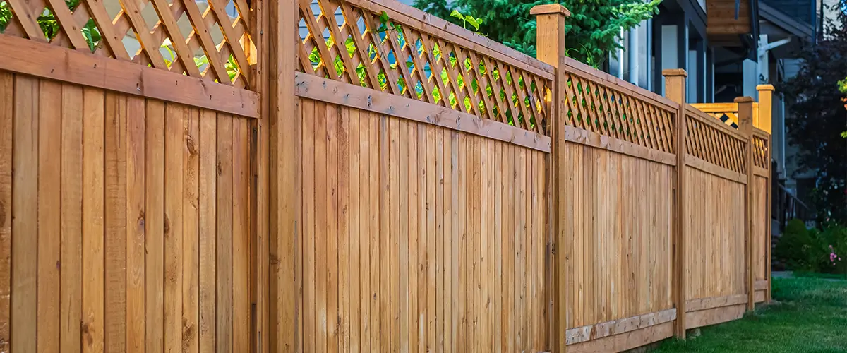 Nice new wooden fence around house. Wooden fence with green lawn.