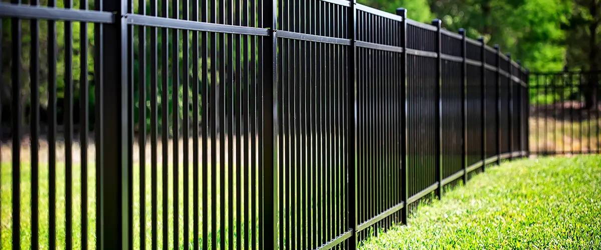 Black metal fence Installation in Culpepper Manor, College Station, TX, in a lush green yard, creating a modern and secure boundary for residential or commercial property.