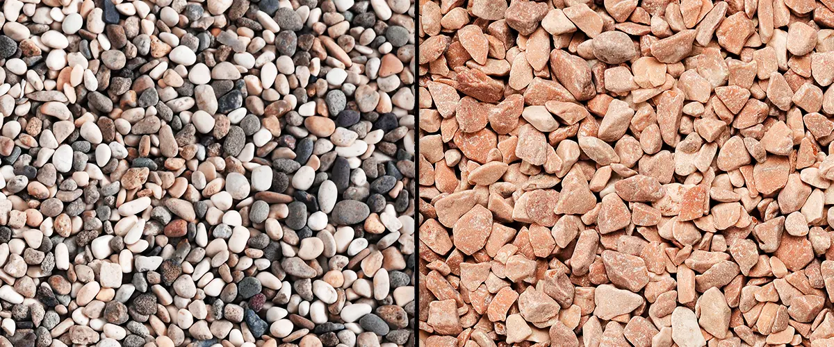 Side-by-side comparison of pea gravel and crushed stone surfaces