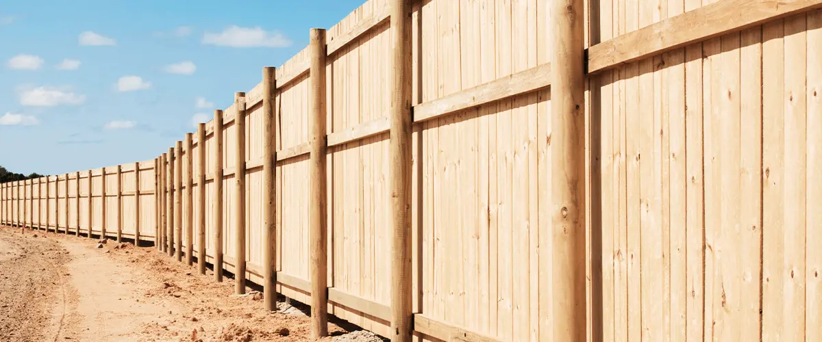 Long wooden privacy fence installed on a dirt lot under clear blue skies