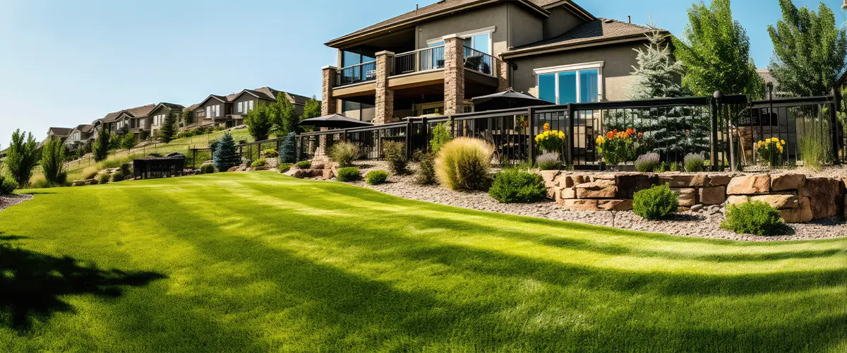 Beautiful backyard landscaping with lush green lawn, rock features, vibrant flowers, and modern residential homes.