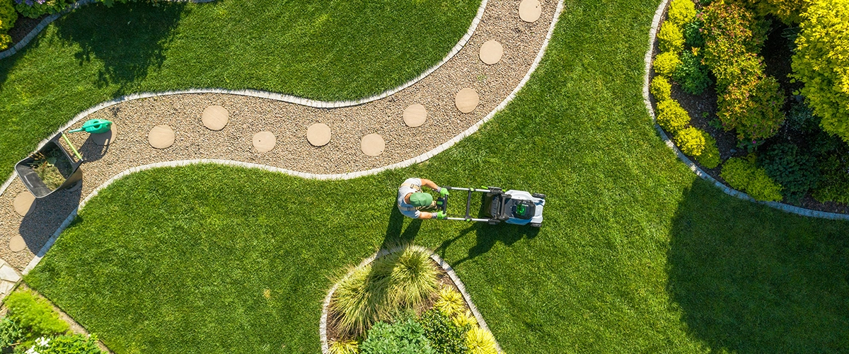 A Landscape Installation Company in College Station TX preparing the ground for landscape installation, with plants, stones, and other materials nearby.