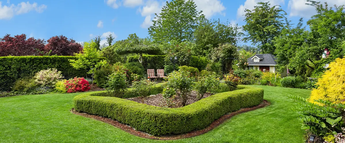 Lush backyard landscape with manicured hedges, vibrant flowers, and a cozy seating area for outdoor relaxation.