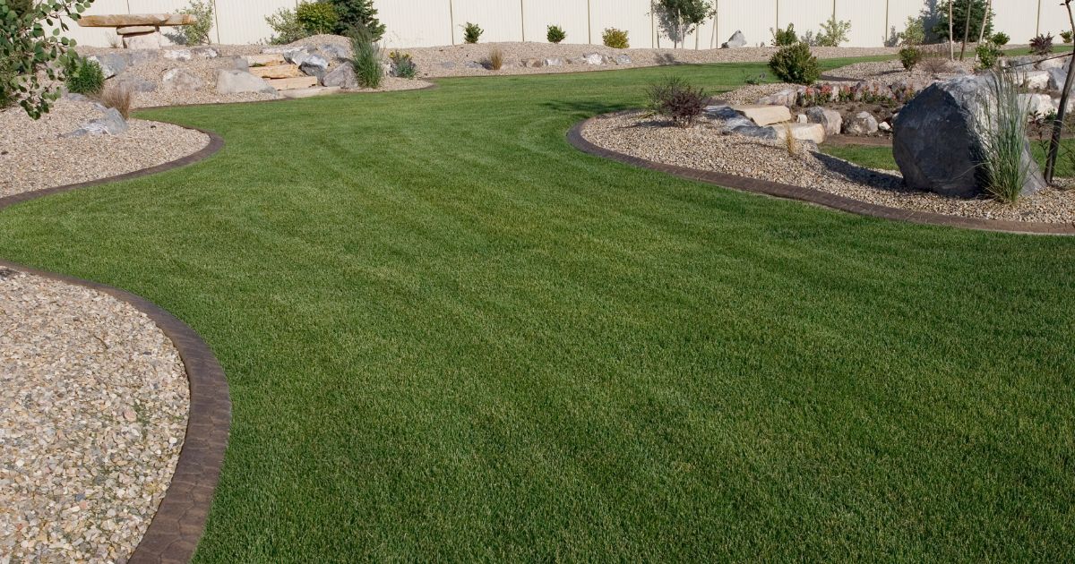 A low-maintenance lawn with drought-friendly landscaping, gravel pathways, and boulders.