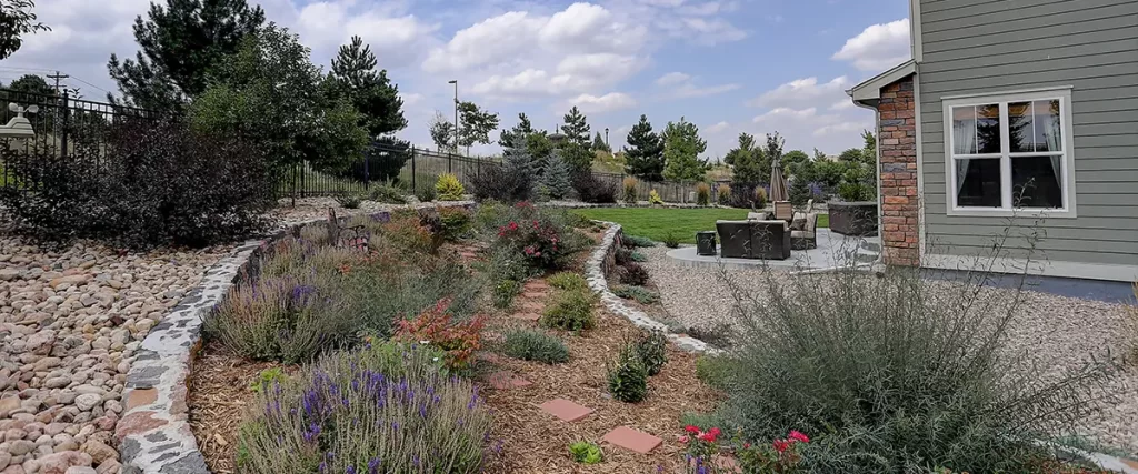 Drought-Resistant Landscaping Ideas for Bryan, TX Homeowners with native plants, mulch, stone edging, and a curved path beside a suburban home.
