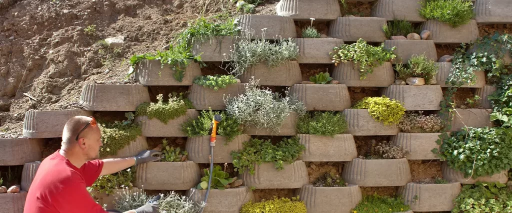 Man tending a vertical garden with tiered concrete retaining wall blocks planted with succulents and greenery
