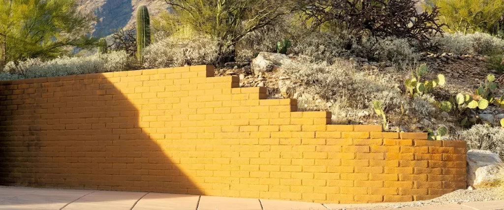 Tiered stucco retaining wall in desert landscaping with cacti and native plants in front of mountain backdrop