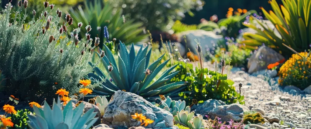 Vibrant xeriscape garden featuring succulents, agave, and wildflowers in a water-wise desert-style landscape.