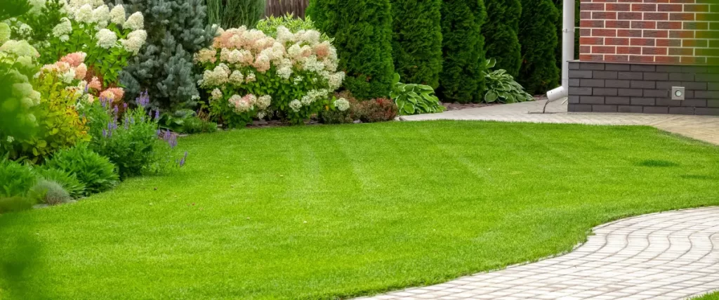 Well-maintained lawn with landscaped flower bed and bushes