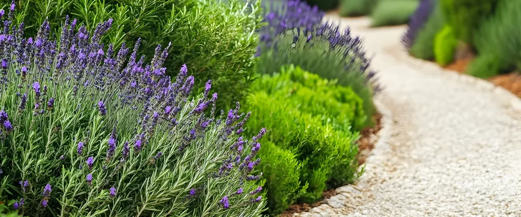 Lavender and rosemary planted along a gravel garden path for mosquito-repellent landscaping