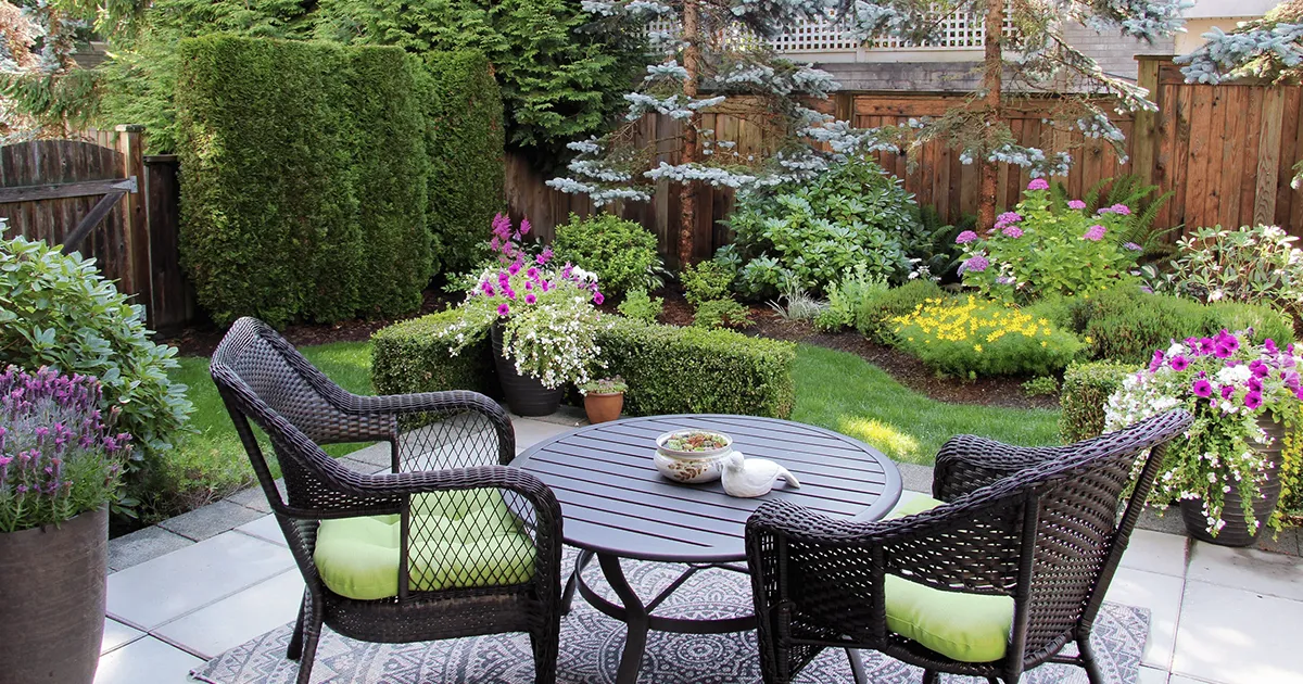 Lush patio garden with mosquito-repellent plants and shaded seating area