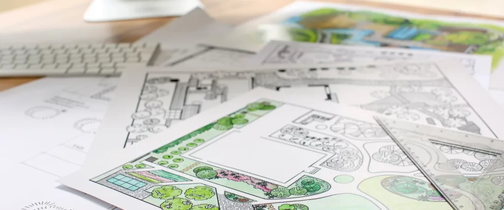 How to design a landscape plan: landscape design blueprints on a wooden desk with a computer showcasing professional planning