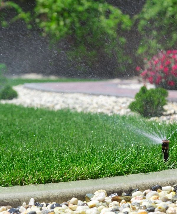 Close-up of an efficient pop-up irrigation system sprinkler head maintaining bright green grass and decorative landscaping rocks for a client in Bryan, TX.