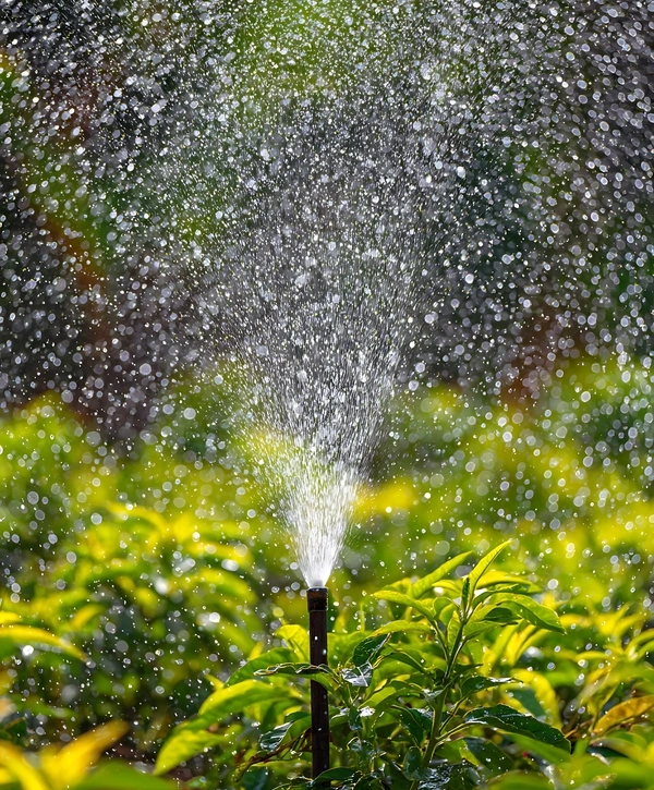 Close-up of a high-efficiency sprinkler head providing perfect water coverage for landscaping and bushes as part of an irrigation system installation in College Station, TX.