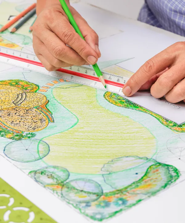 a person creating a landscape design plan using colored pencils and a ruler.