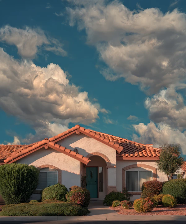 A white mediterranean style suburban house with a terracotta tile roof and professional xeriscaping in the Southwood Valley neighborhood of College Station, TX.