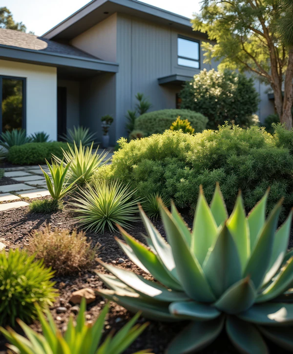 A modern grey house with a lush xeriscaping garden featuring agave plants and drought-tolerant shrubs in Caldwell, TX.